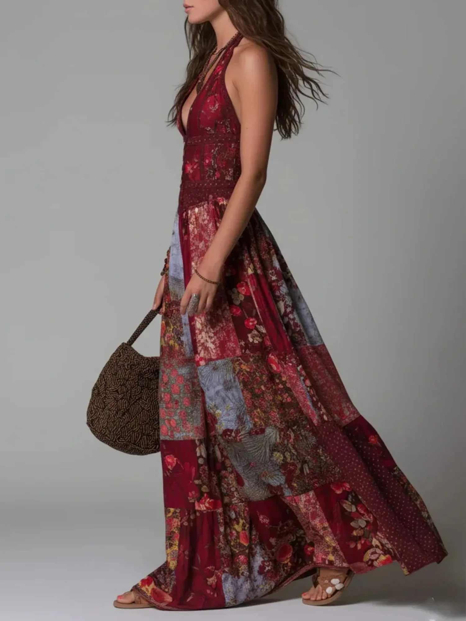 

Women's Summer Boho Floral Patchwork Maxi Dress Halter Deep V Sleeveless Button Front Casual Loose Vacation Party Long Dress