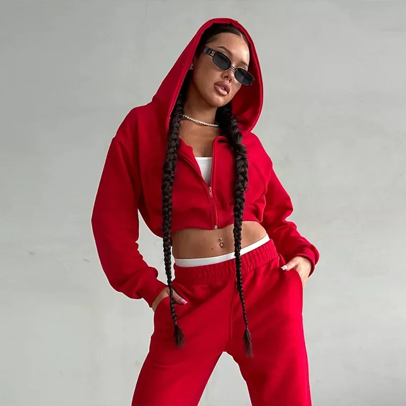 

2024 New long-sleeved hooded suit casual short hooded top and pants set