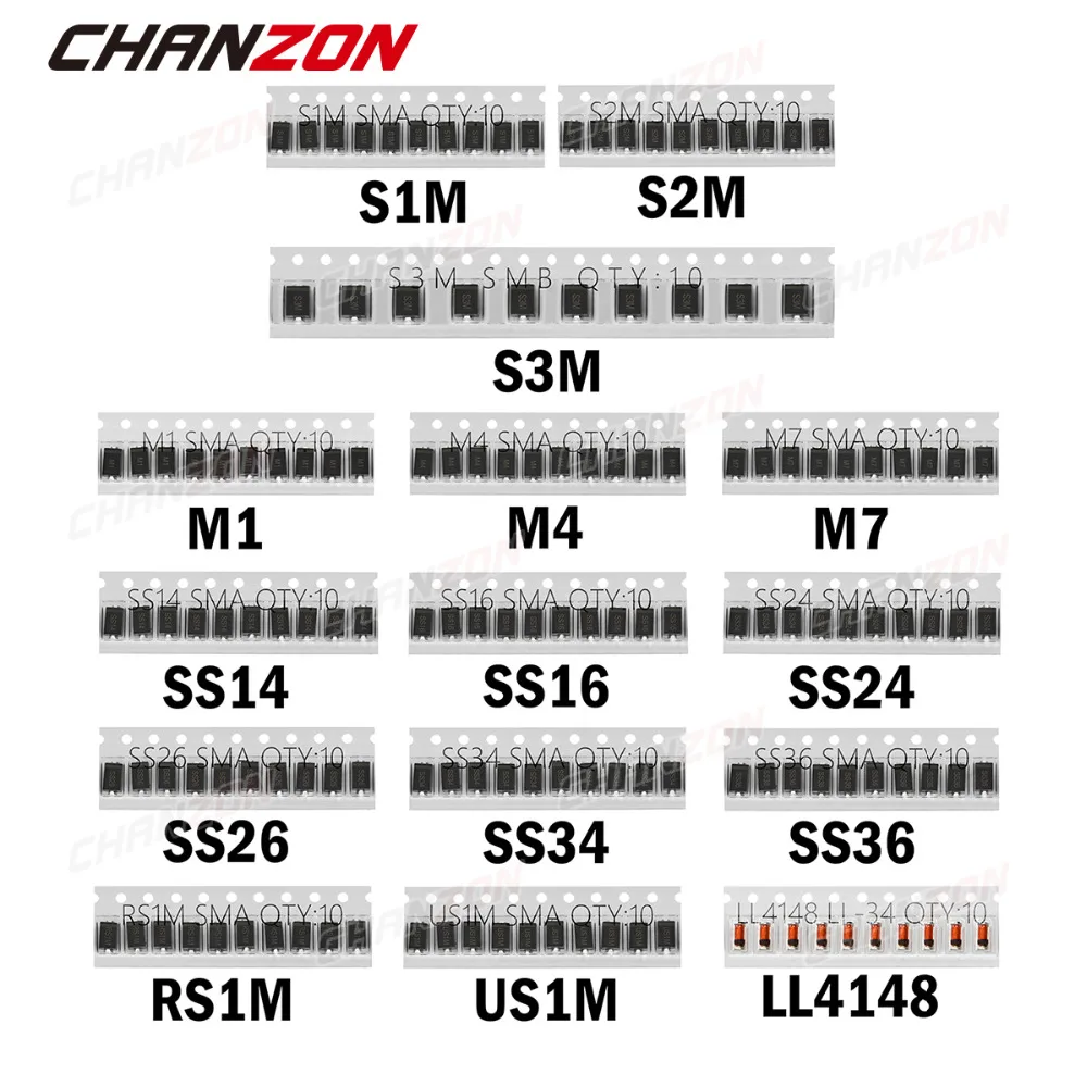 Kit assortito diodi Schottky a commutazione rapida SMD Set M1 M4 M7 S1M S2M S3M SS14 SS16 SS24 SS26 SS34 SS36 RS1M US1M LL4148