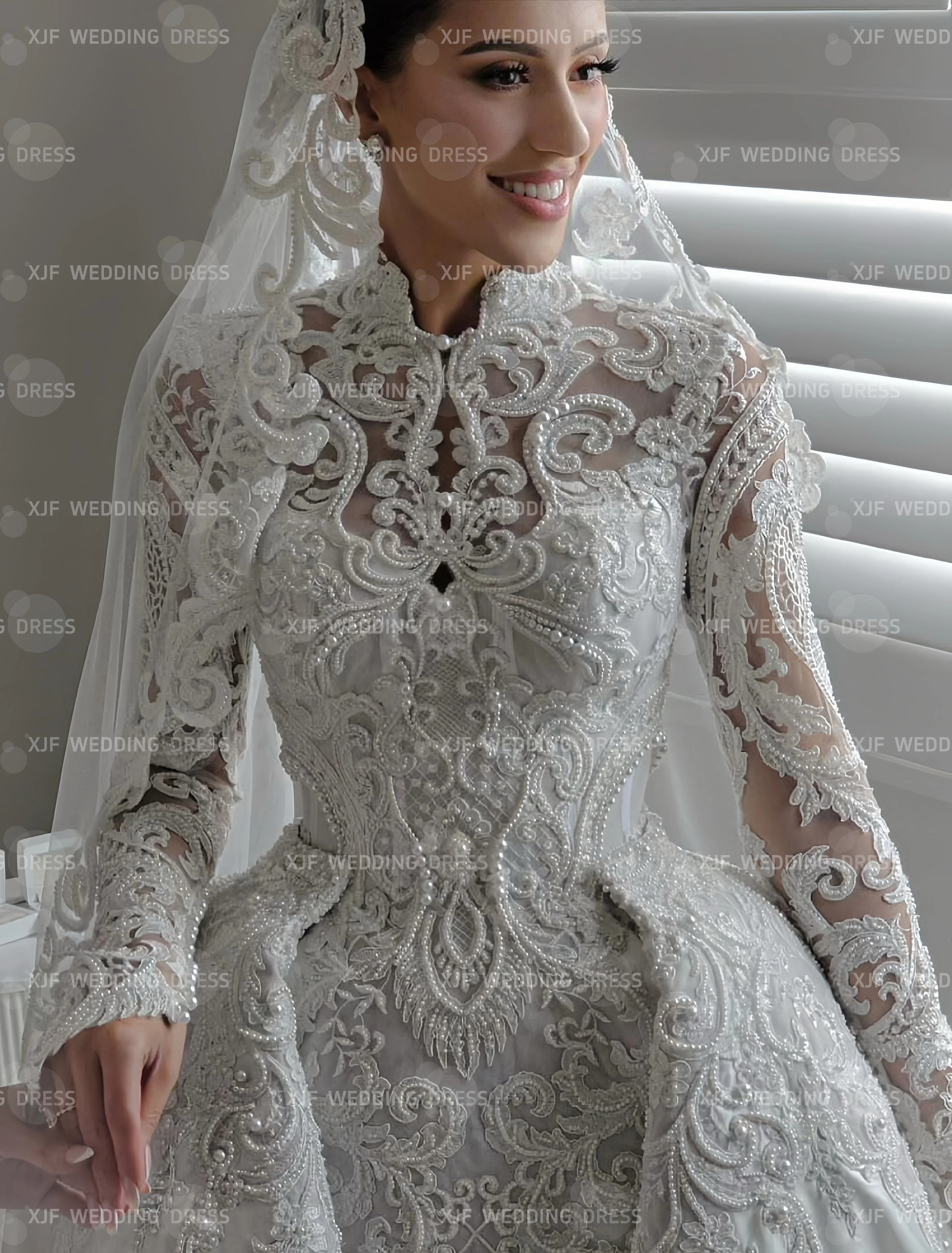 فستان زفاف مخصص بياقة عالية وأكمام طويلة حورية البحر ذيل قابل للانفصال من الدانتيل فستان زفاف فيستدوس دي نوفيا أماندا نوفيا أماندا نوفيا أوففي