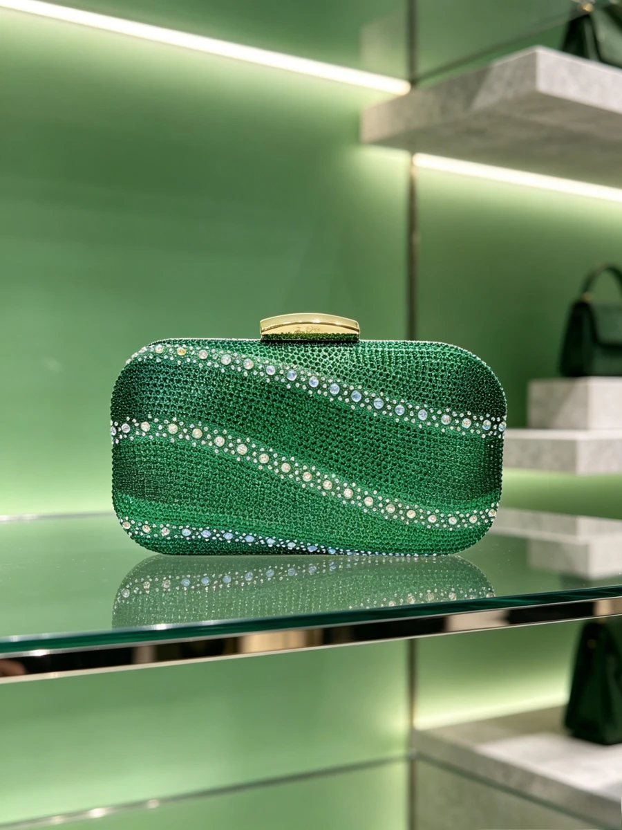 Vintage Emerald Green Wave Rhinestone Evening Clutch Bag, Luxury Formal Dinner Hand Purse For Mature Women Wedding Crossbody Bag