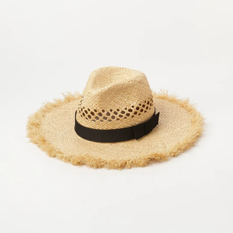 X303 New Hollowed-out Straw Hat Braided Fringed Bow Lafite Jazz Cap Outdoor Travel Sun Protection Straw Hat Lady Panama Caps