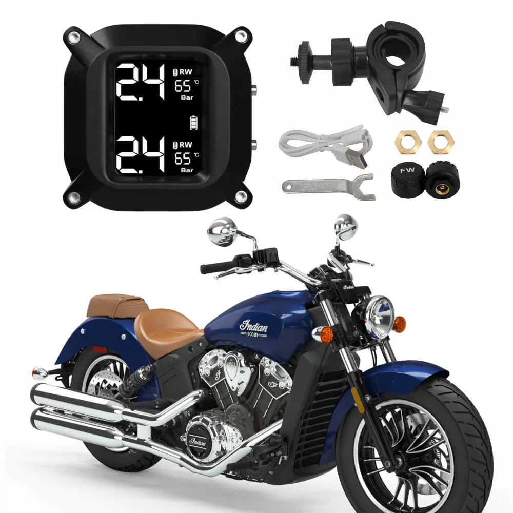 Motorcycle Tire Pressure Monitoring System Motorcycle TPMS with 2 Sensors LCD Display  Real Time Solar Charging Motorbike TPMS