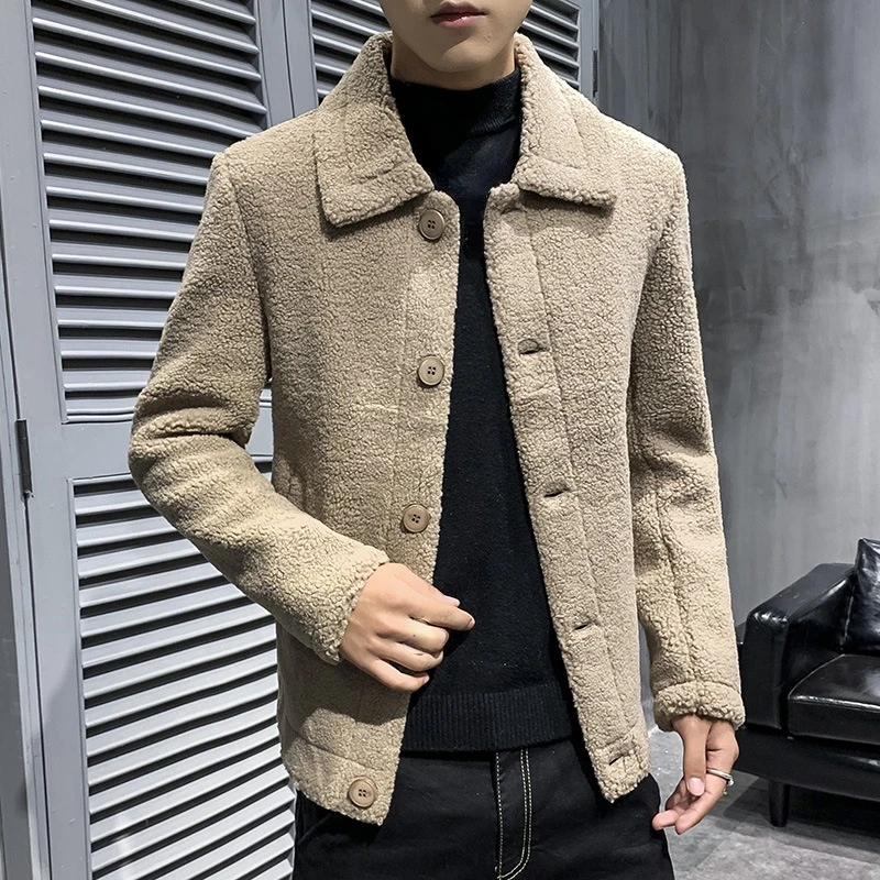 

Men Vintage Khaki Winter Coat Long Sleeve Faux Fur Jacket Oversize Xxxl Male Button Up Warm Thick Outerwear Casual Windbreaker