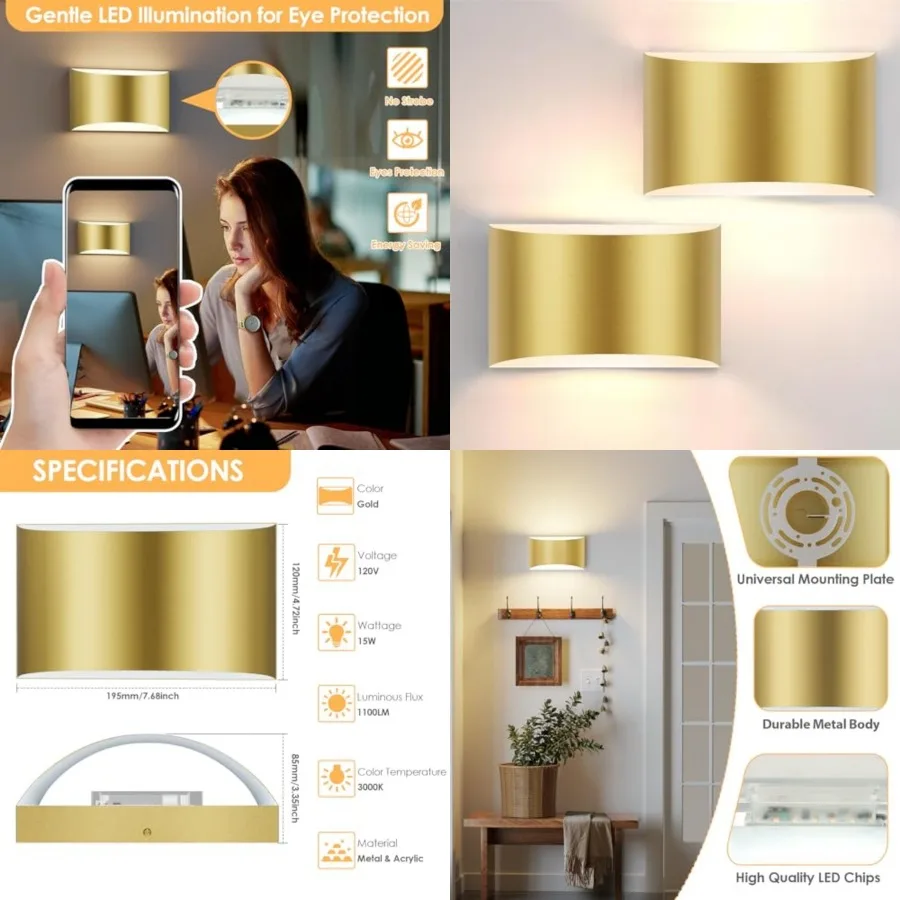 

Modern LED Wall Sconces Set of 2, 3000K Warm Up and Down Mount Light, Hardwired Interior Wall Lights Lamp for Indoor Living Roo