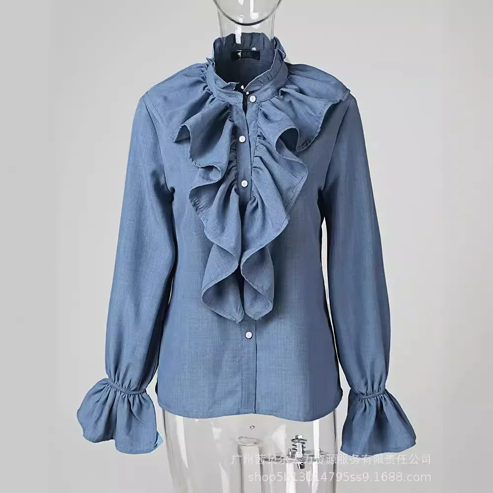 New Summer Women\'s Clothing Denim Ruffled Long-Sleeved Shirt Fashion Solid Color Blouse Shirts