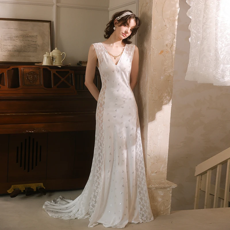 Elegant Satin Night Dress Luxury Tailed Long Pajama Dress Deep-V Backless Sexy Nightgown Women Romantic Lace Splicing Night Gown