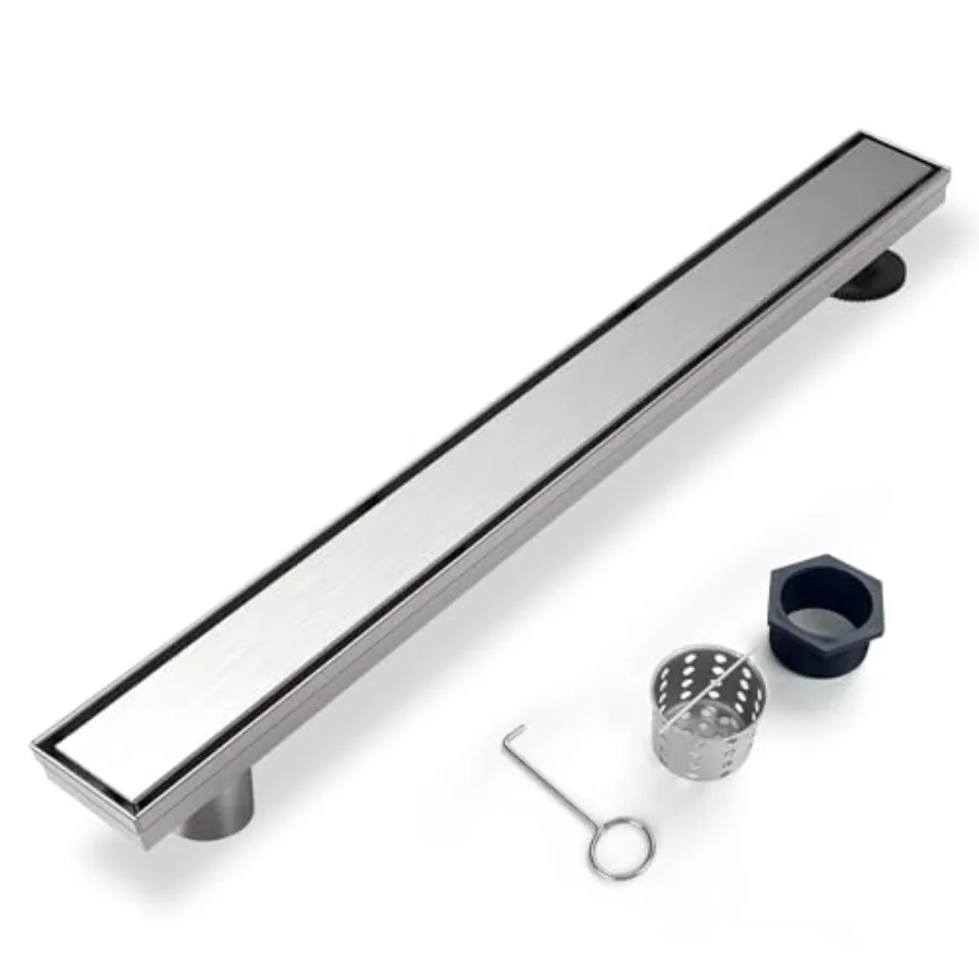 

Offset Linear Shower Drain, Shower Drain with 2-in-1 Tile Insert Cover, Brushed AISI 304 Side Outlet Shower Floor Drain with Ha