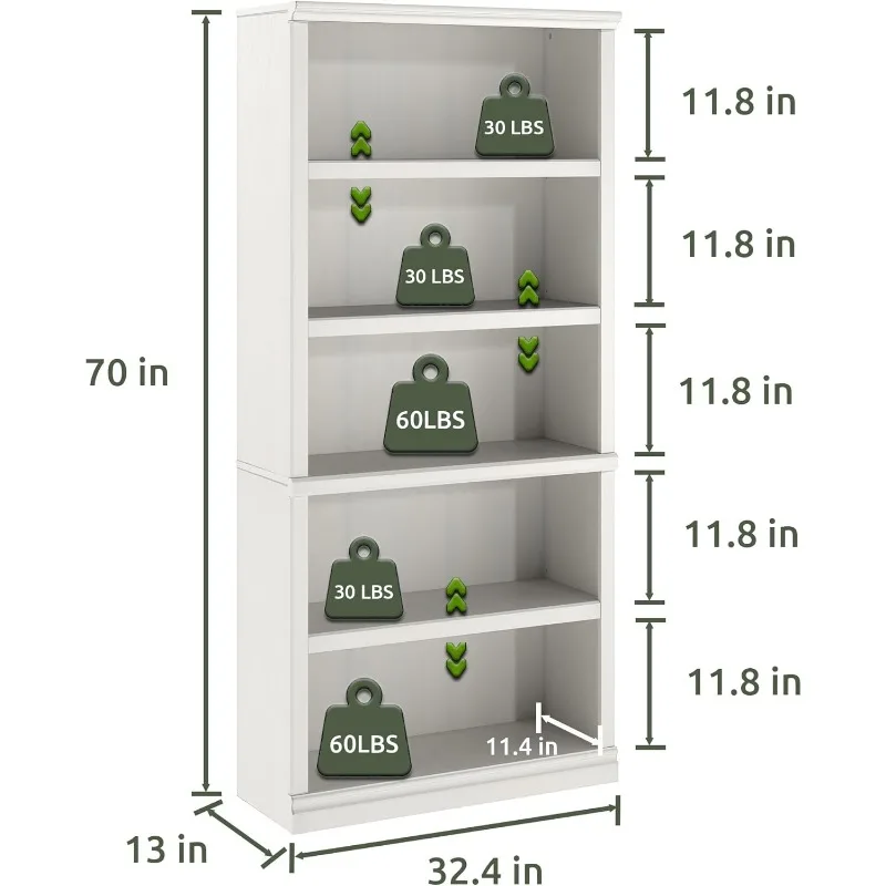70 "high bookcase, white bookshelf Open storage 5 layers of bookshelves, 33" wide standing style, 5 layers of white