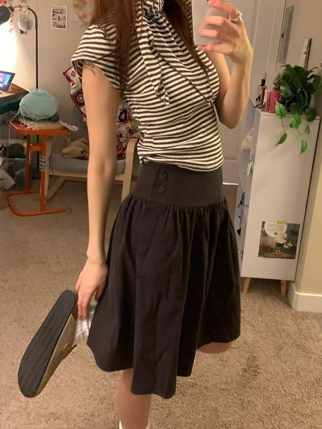 Korean Style High Waist A-Line  Skirt Women's Summer New Design Sensation Midi Flared Skirt Black Color Flower Bud Puffy ...