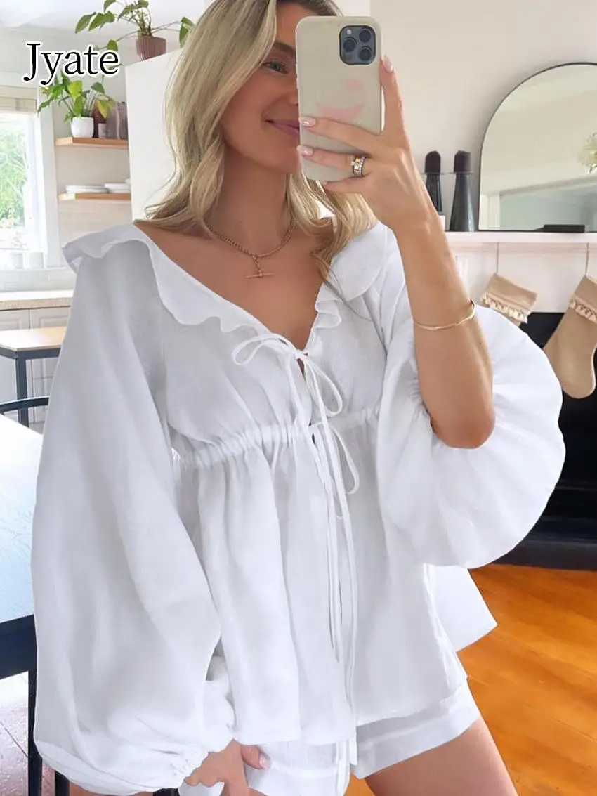 Jyate Summer New Cotton Linen Puff Sleeve Shirt Suit Women White V-neck Ruffles Shirt High Waist Shorts Two Piece Set Women 2023