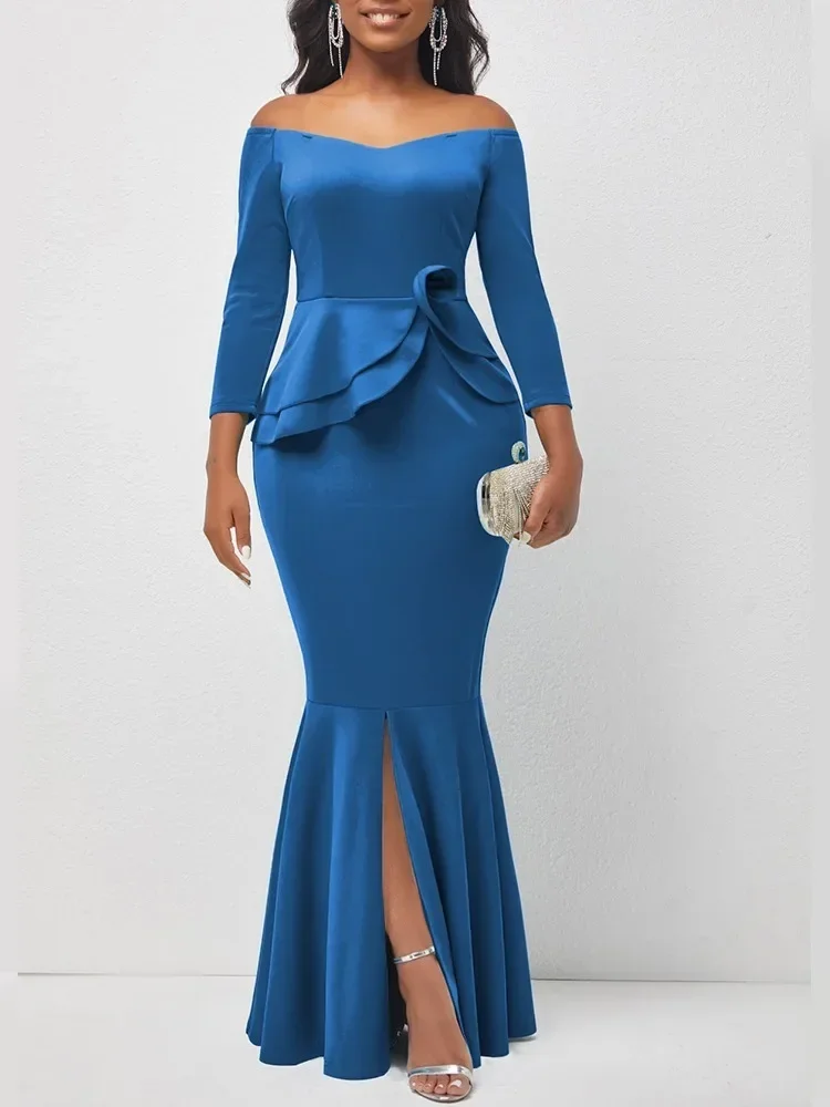 2025 vestidos de verão para mulheres sólido fora do ombro babados split vestido de noite casual elegante maxi robe feminino