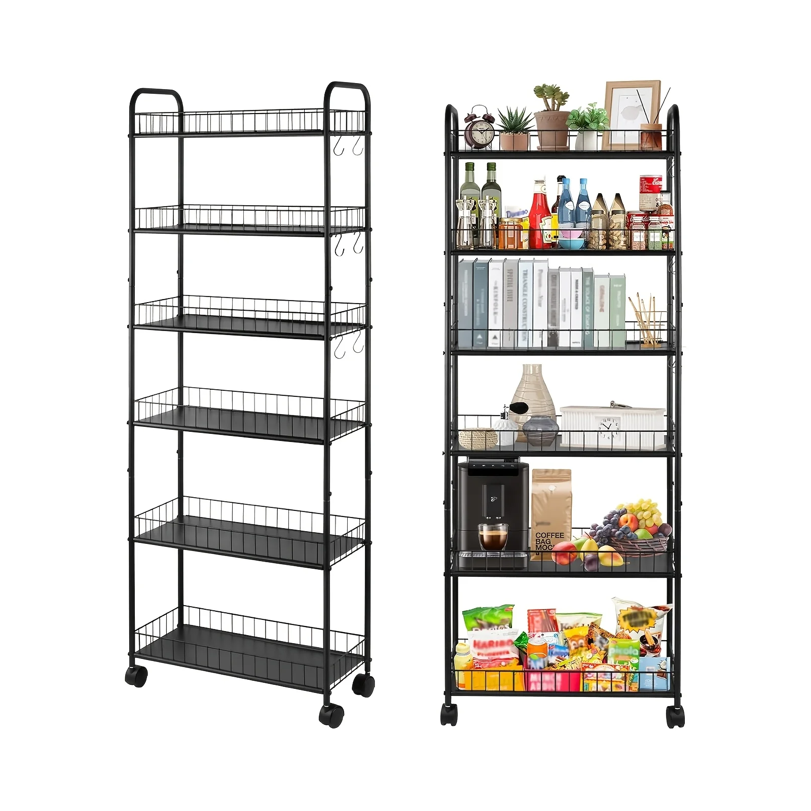 

6 Tier Slim Storage Cart with Wheels, 10in Storage Cart Narrow Rolling Organizer, Bathroom, Office, Laundry Room (Black)