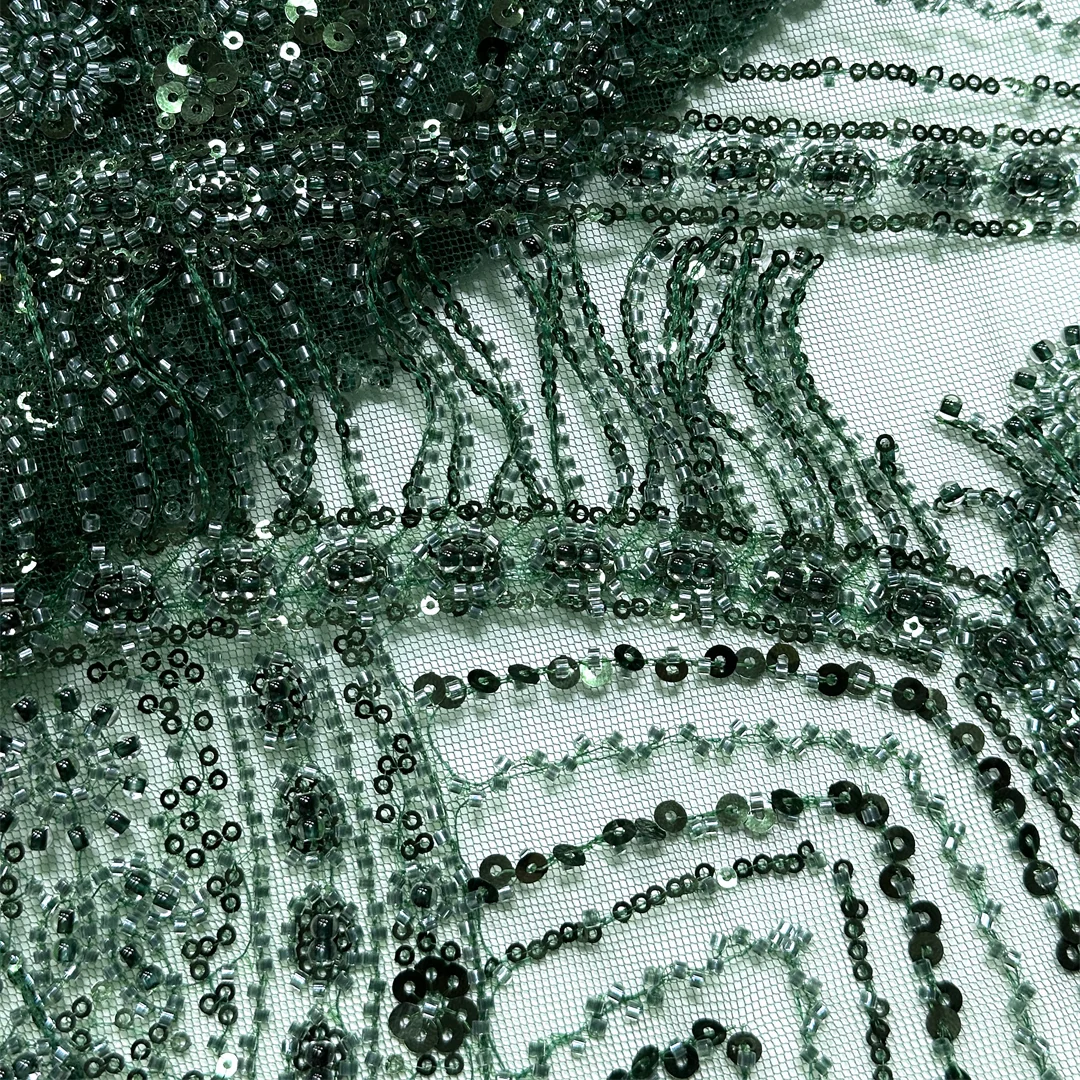 

Premium Olive Green Sheer Fabric Handmade Bead Lace Shiny Sequin Embroidery Material Evening Bridesmaid Dress Sewing by yard