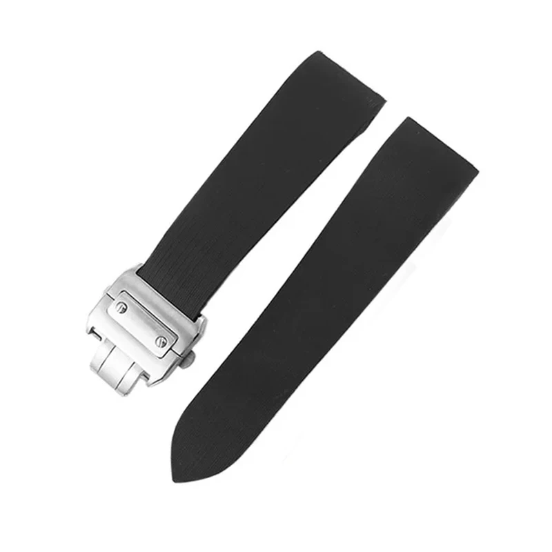 

25mm Rubber Waterproof Watchband Fits for Cartier Santos 100 W2020007 Silicone Strap Silver Folding Buckle Black Bracelet