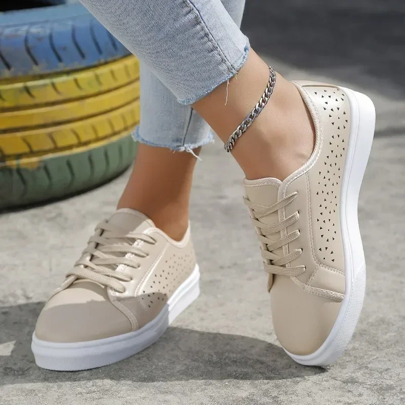 Women Shoes Fashion Summer Casual White Shoes Cutouts Lace Canvas Hollow Breathable Platform Flat Shoes Woman Sneakers