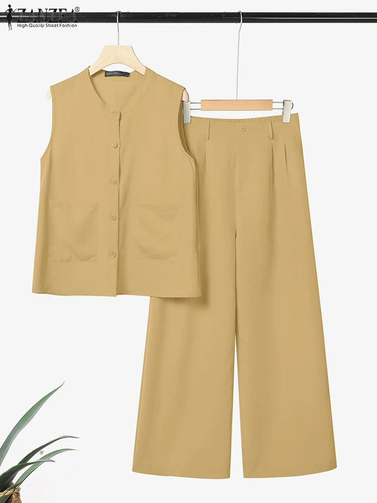 ZANZEA moda mujer conjuntos de dos piezas trajes conjuntos de pantalones de verano sin mangas botón blusa pantalones traje 2025 elegante chándal de trabajo