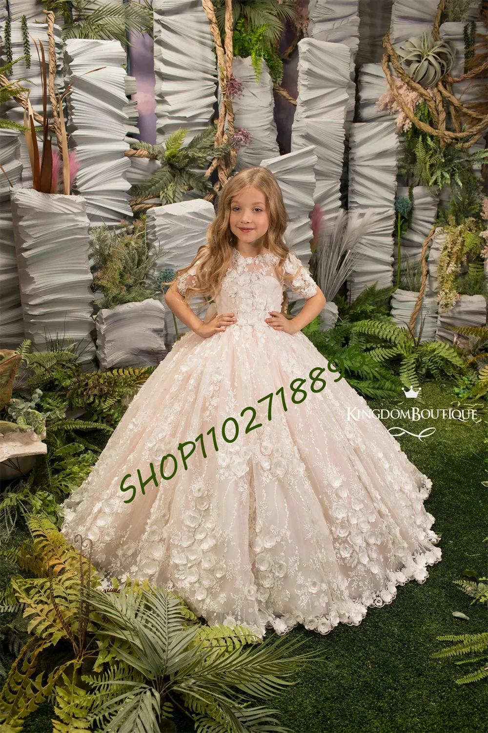 

Elbow Sleeve Flower Girl Dress Floor Length Tulle Gown with Ivory Lace Overlay Deep Neckline and Satin Bow Adorn Back