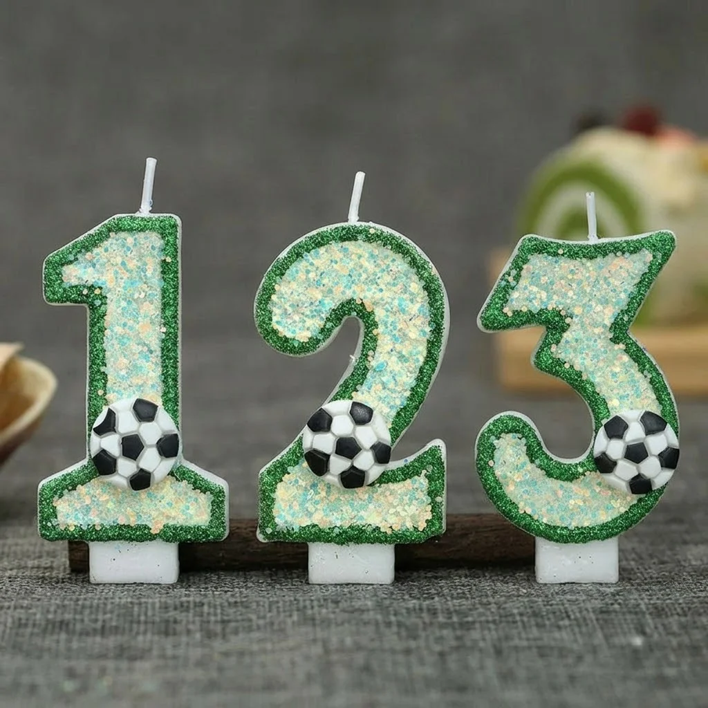 Bougies numérotées 3D de football 0-9, vertes à paillettes, pour gâteau d'anniversaire, décoration de fête sur le thème du sport pour enfants et garçons