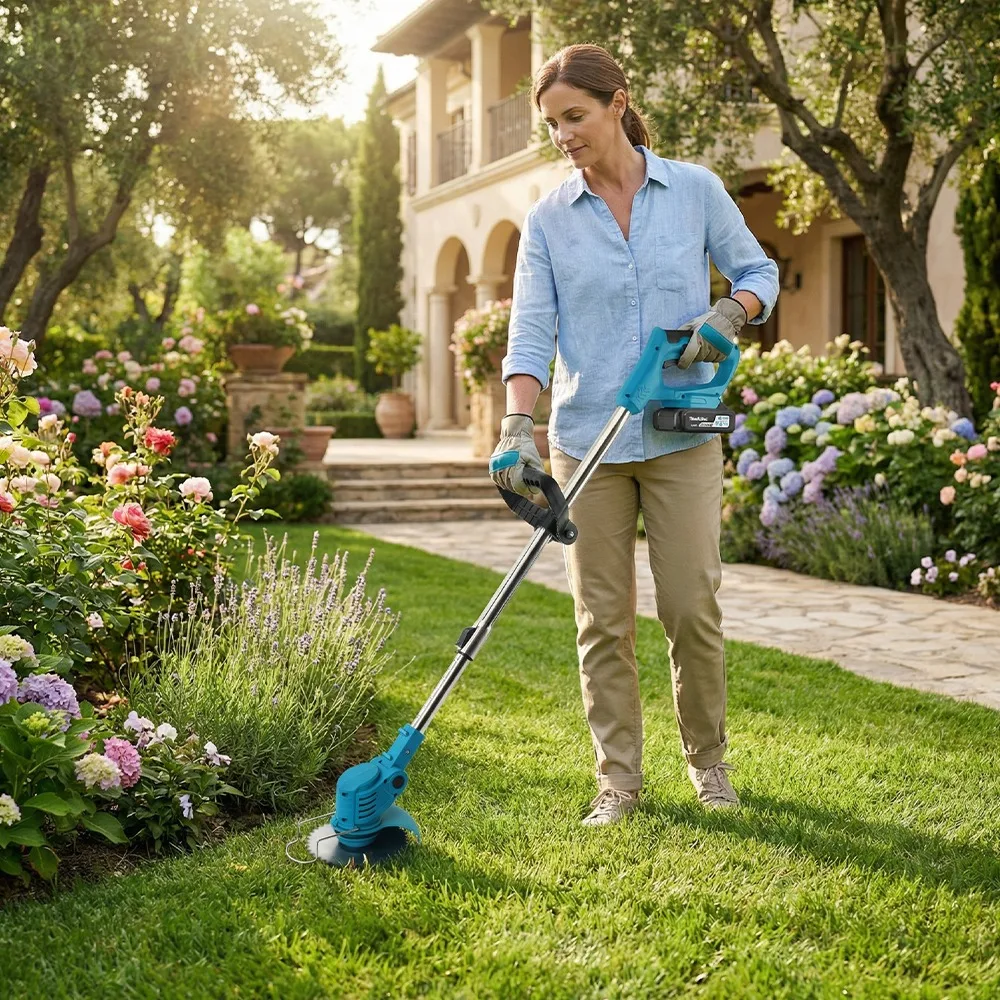 Tondeuse à gazon électrique sans fil, 90 °   Tête de coupe rotative, tige télescopique réglable de 90 à 125 cm, coupe-bordures pour pelouse de jardin, parterres de fleurs et pentes