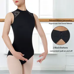 Women's Black Elegant Mock Neck Dance Ballet Lace Sleeveless Leotard Tank Dancewear, Hollow Back Ballet Clothes.