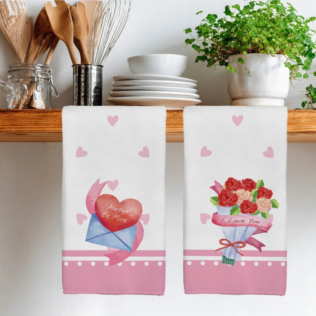 2pcs "Always Be Mine" Love Heart Ultra-Soft Kitchen Towel, 2D Print, All-Season, Quick-Dry Napkin/Hand Towel, Couple Decor Gift