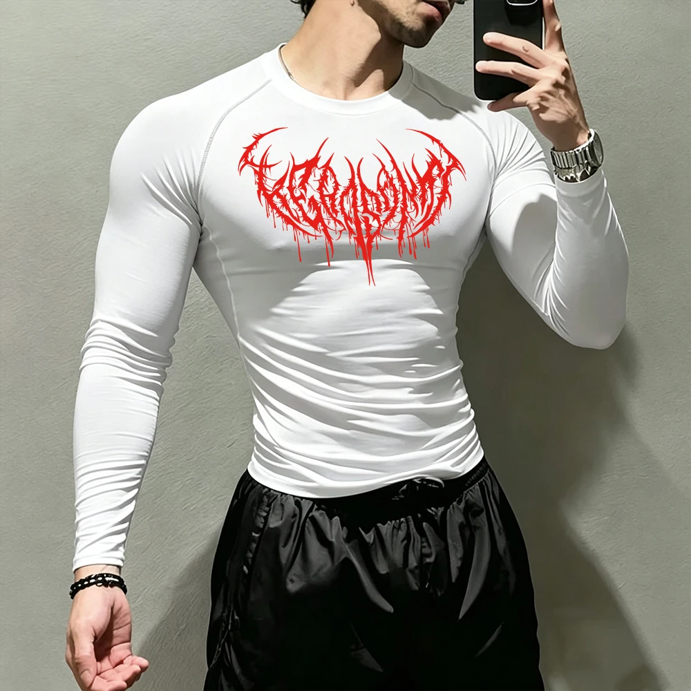 Herren Langarm-Kompressions-Oberteil mit gotischem Dornen-Print, schnelltrocknend, elastisch, atmungsaktiv, T-Shirt für tägliches Workout, Laufen und Aktivsport. – Detail 6