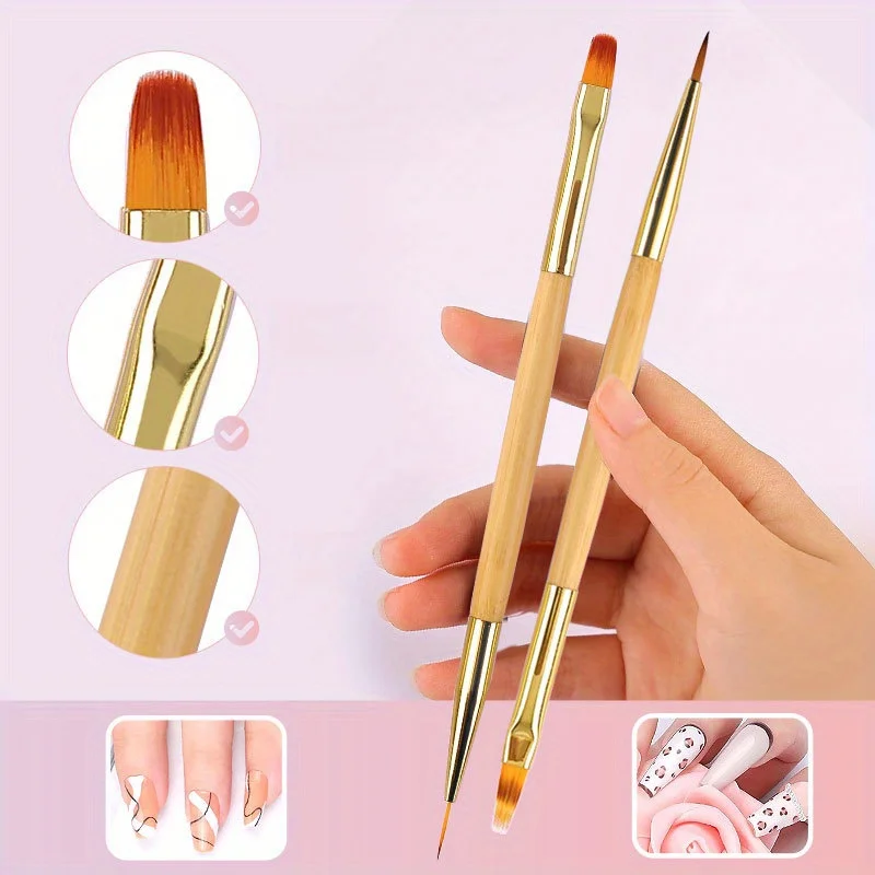 Dual End Nail Building Brush Bamboo Wood Handle Double‑sided UV Gel Painting Liner Blending Pen Salon Home DIY Manicure Tools