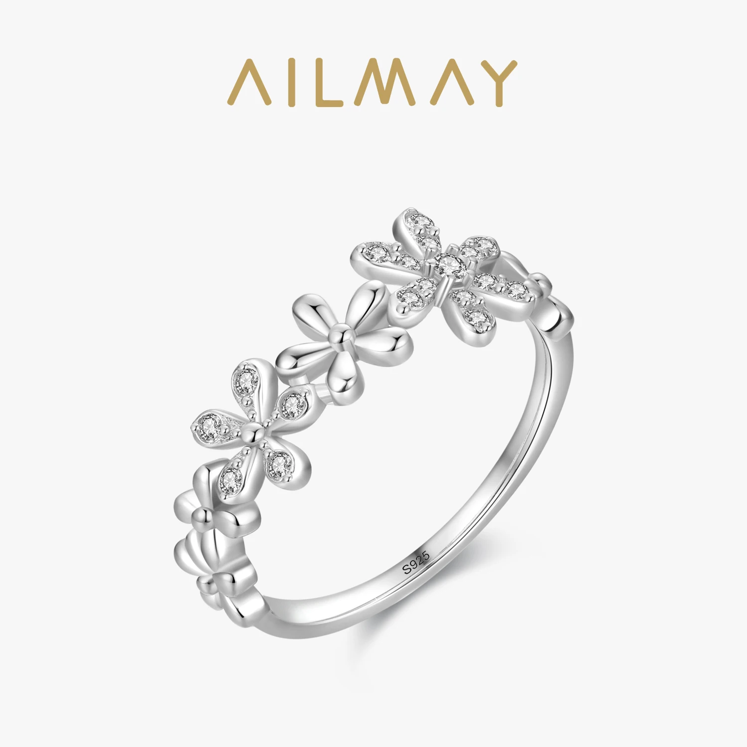 Ailmay Fashion 925 Sterling Silver Little Daisy Exquisite Flowers Finger Rings For Women Girl Statement Hypoallergenic Jewelry