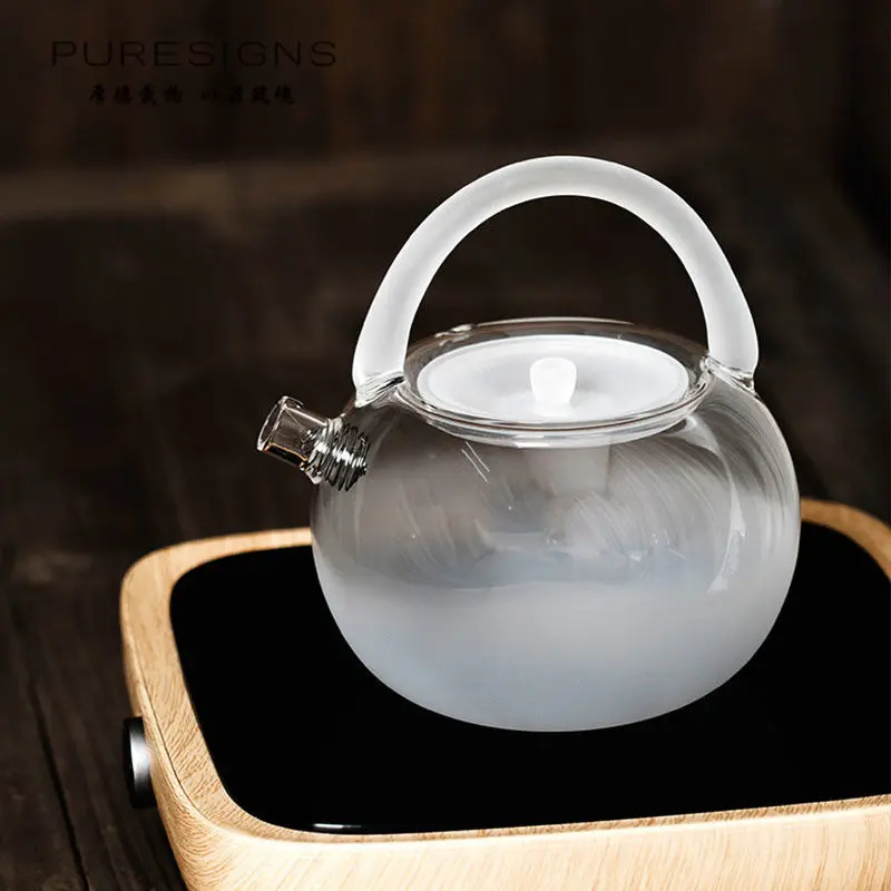 Frosting Glass Handle Teapot, Heat-Resistant, Flower Tea Kettle, Juice Container, Pure Handwork Frosted Glass Tea Pot, 780ml