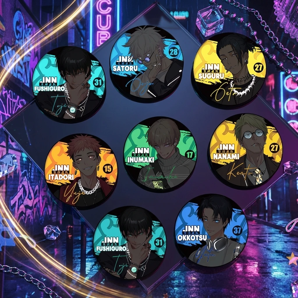 

Коллекция блестящих значков аниме дзюдзюцу кайсен с картингом Gojo Satoru Itadori Yuji Geto Suguru Okkotsu Yuta, индивидуальный дизайн фанатов