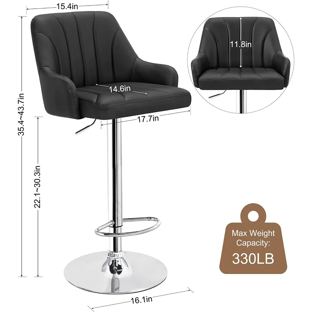 Set of 4 black bar stools - adjustable, swivel, with backrest and armrests, stylish and comfortable