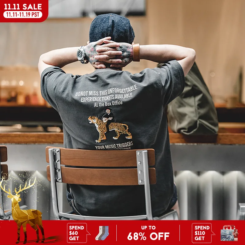 

Maden Vintage 330g Heavyweight Oversized T-shirt for Men Tiger Tatami Embroidery T Shirt Dark Gray Letter Tops Casual Funny Tees