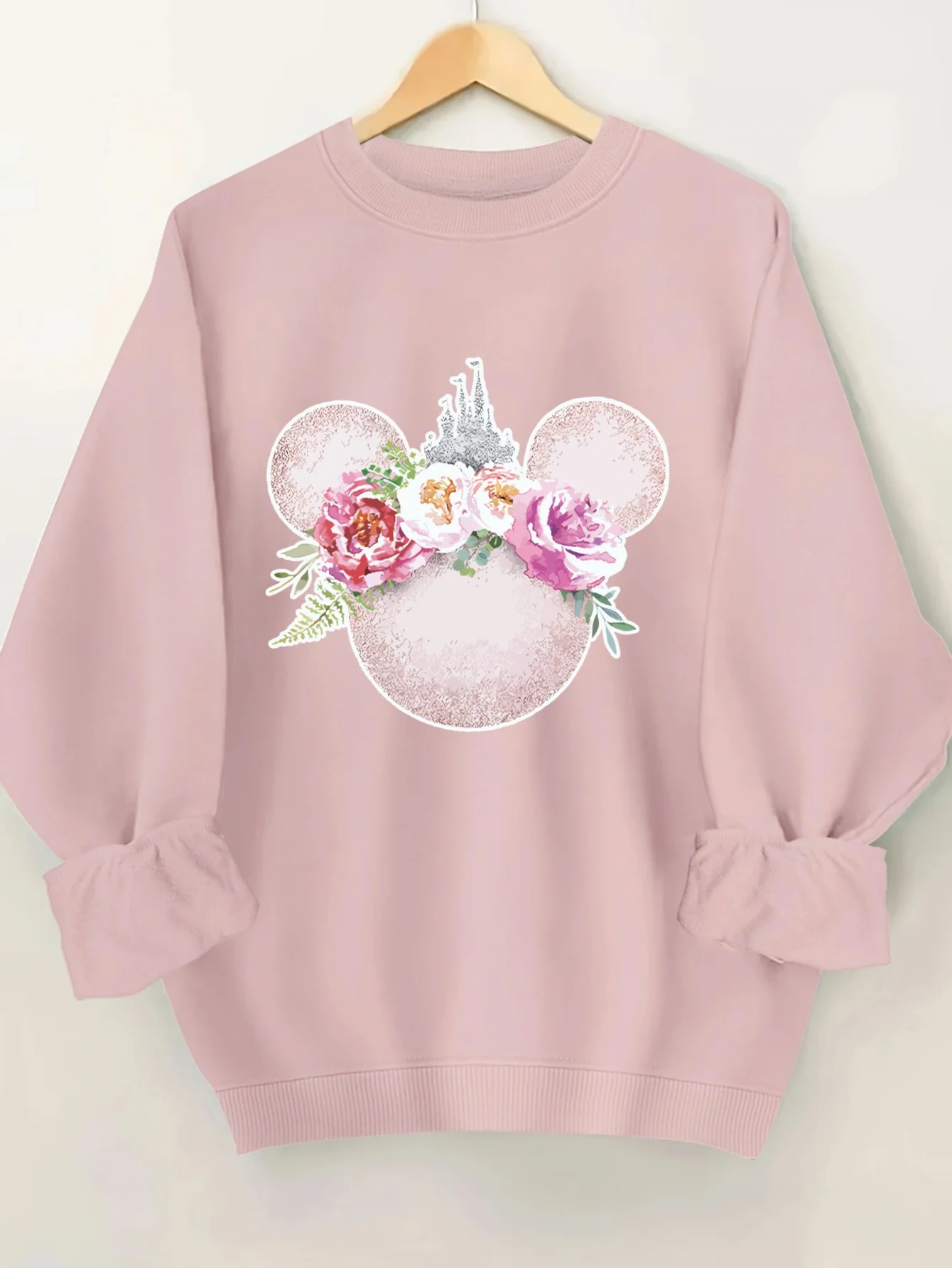 

Толстовка с цветочным принтом Disney Castle Mickey, акварельным цветочным узором и блестящими ушками, уютный топ с длинными рукавами