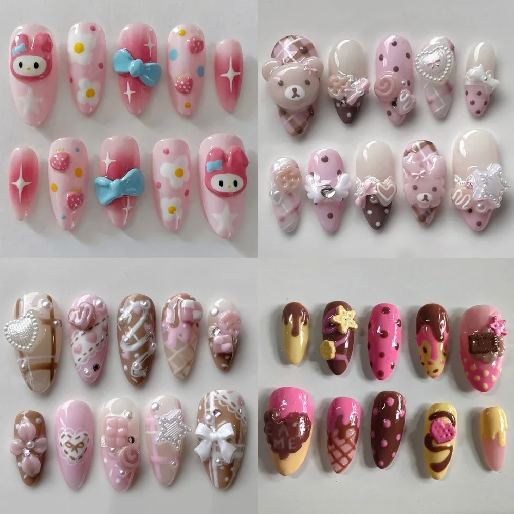 

Cute Rilakkuma Sanrio Handmade Press On NailSenbel Family Bow Flowers Four-Leaf Clover Strawberry False Nails Party Gifts
