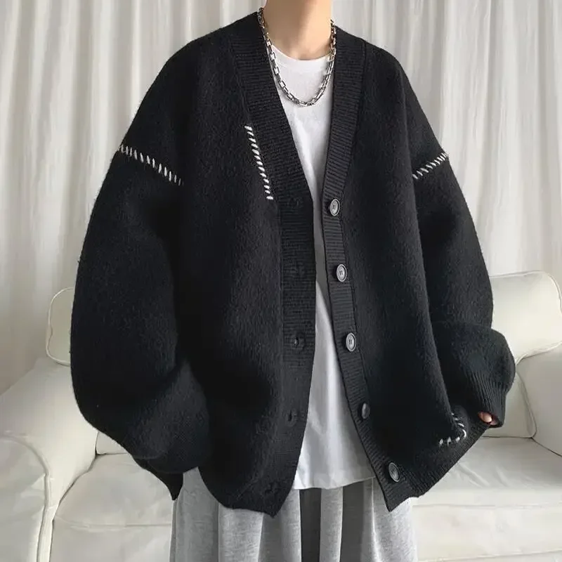 Man Clothes Coat White Knitted Sweaters for Men Japanese Retro Jacket Cardigan Patchwork S 90s Vintage Knitwears Korean Style X