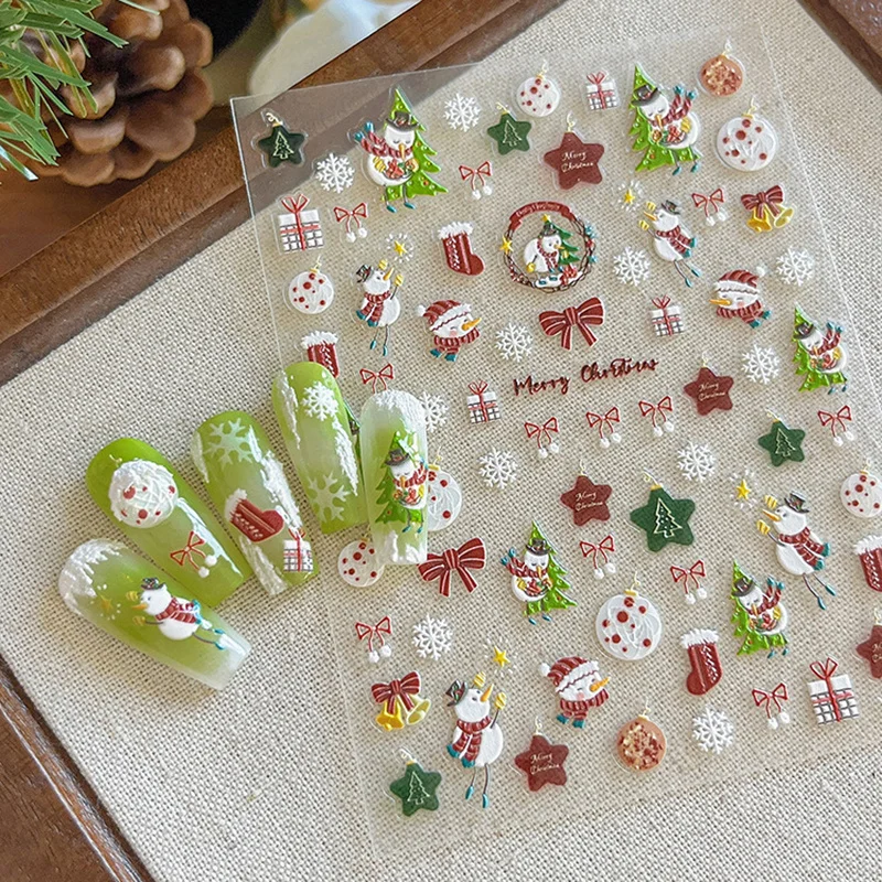 Christmas Nail Stickers Embossed Christmas Snowman Nail Art Sticker Christmas Tree Decor Bell Bow Adhesive Nail Decals Salon