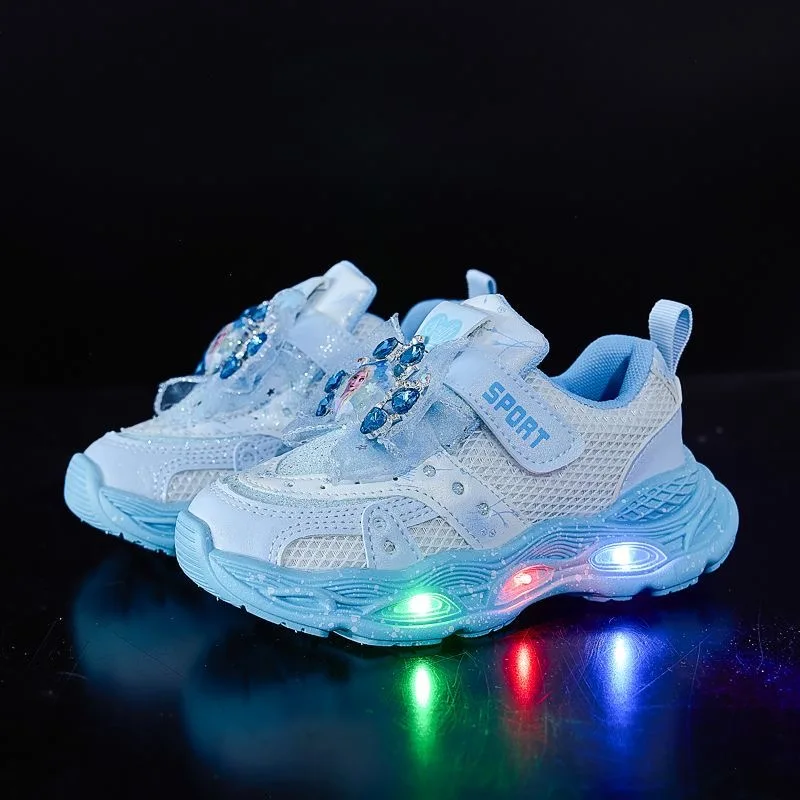 

New Disney kids cartoon frozen cute Casual shoes with LED light soft sports shoes for gift EU size 23-35