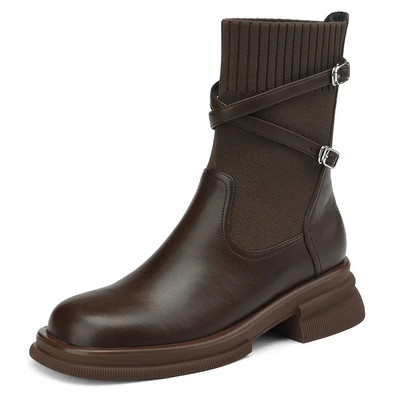 

Female Shoes Ankle Women's Boots Classics Modern Boots Women Stretch Slip on Round Toe Low Heel Belt Buckle Shoes Women