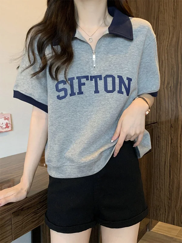 Summer New  Collar Short Sleeve Loose Fit T-Shirt for Students Fashionable Half Zippered Short Length Top Youth Polyester...