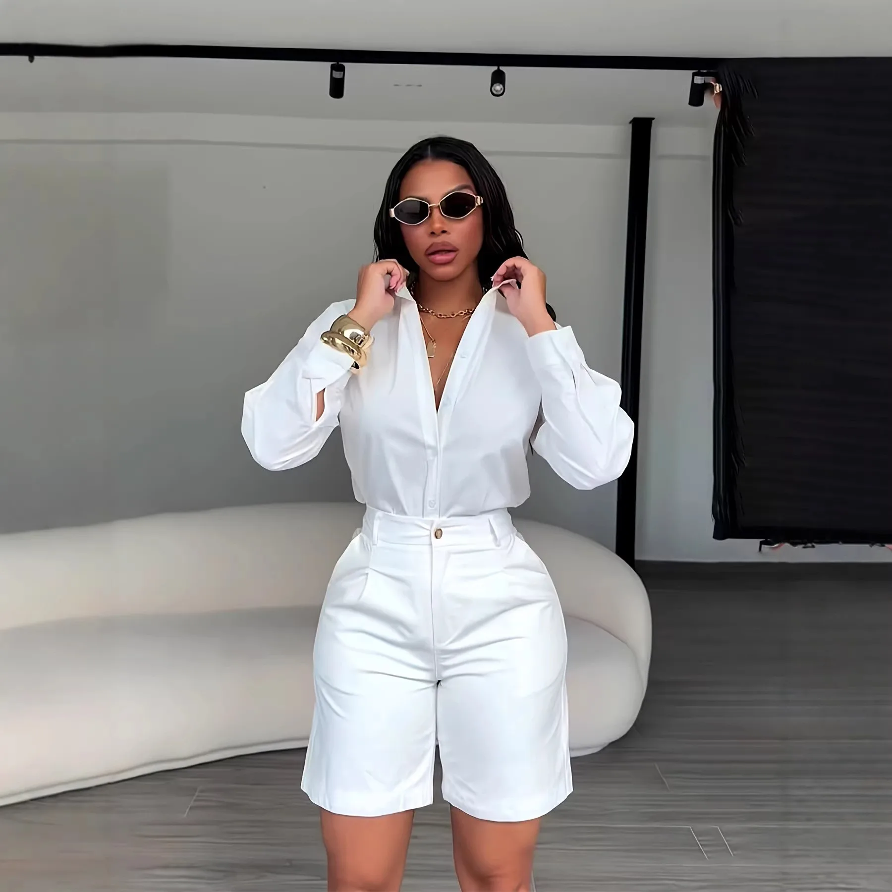 Summer Shorts Woman Matching Sets High Waist Short Pants Two Piece Set Long Sleeve Top Capri Pants Solid Color