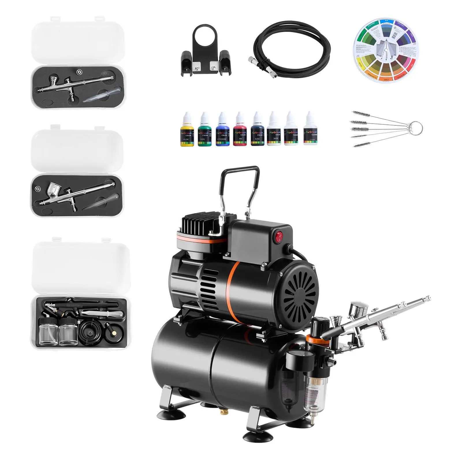 Airbrush Kit with 1 6 Compressor and Tank 3 Dual Airbrushes with 3 Tips Hose Acrylic Paint and 2 Fans for cake Decorating Model Painting and Nail Art
