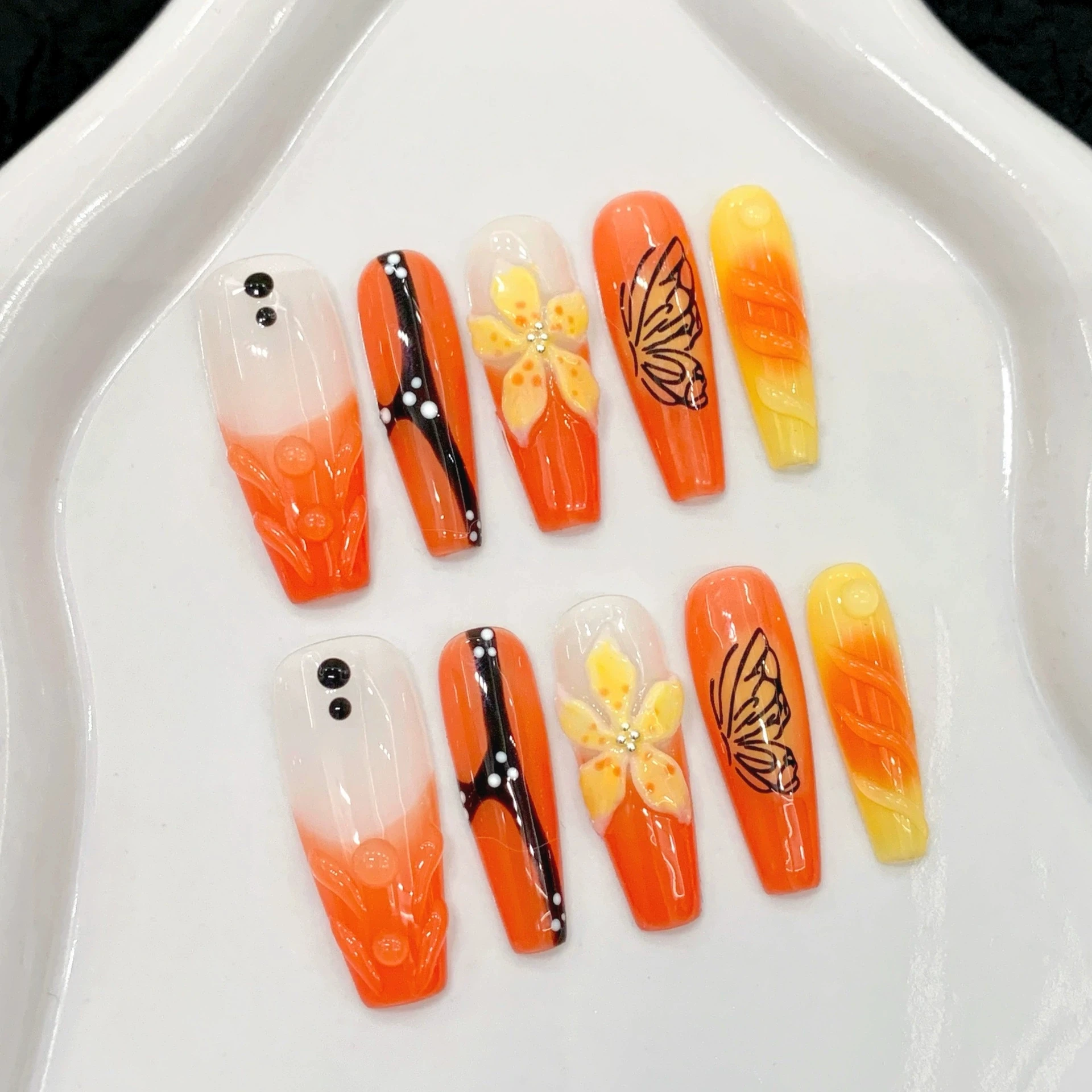 

Orange French Handmade Press On Nails 3D Yellow Flowers Decor False Nails Long Ballerina Blush Butterfly Fake Nails Removable
