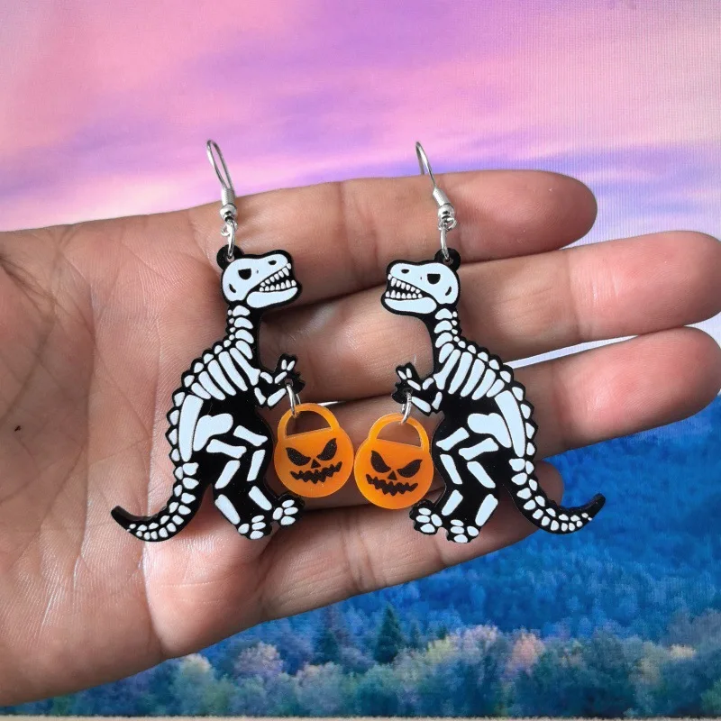 Europe and America Acrylic Printed Dinosaur Skeleton Pumpkin Lantern Earring UNISEX Halloween Hip Hop Punk Party Jewelry Earring