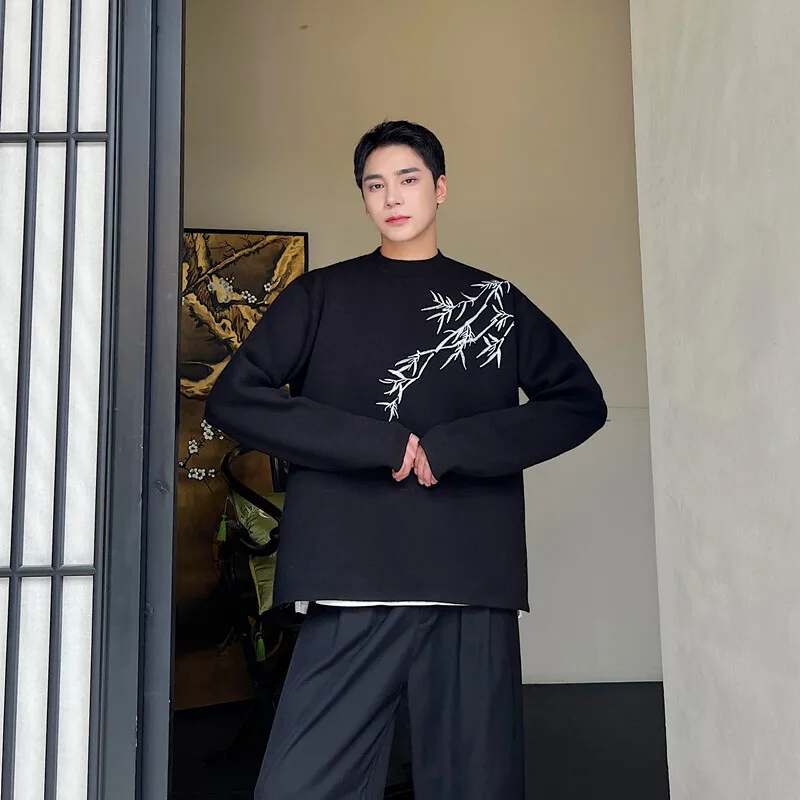 

Men's Wear Chinese Embroidery Pattern Sweater 2024 Winter Loose Oversized Kintted Sweater Round Collar Pullover