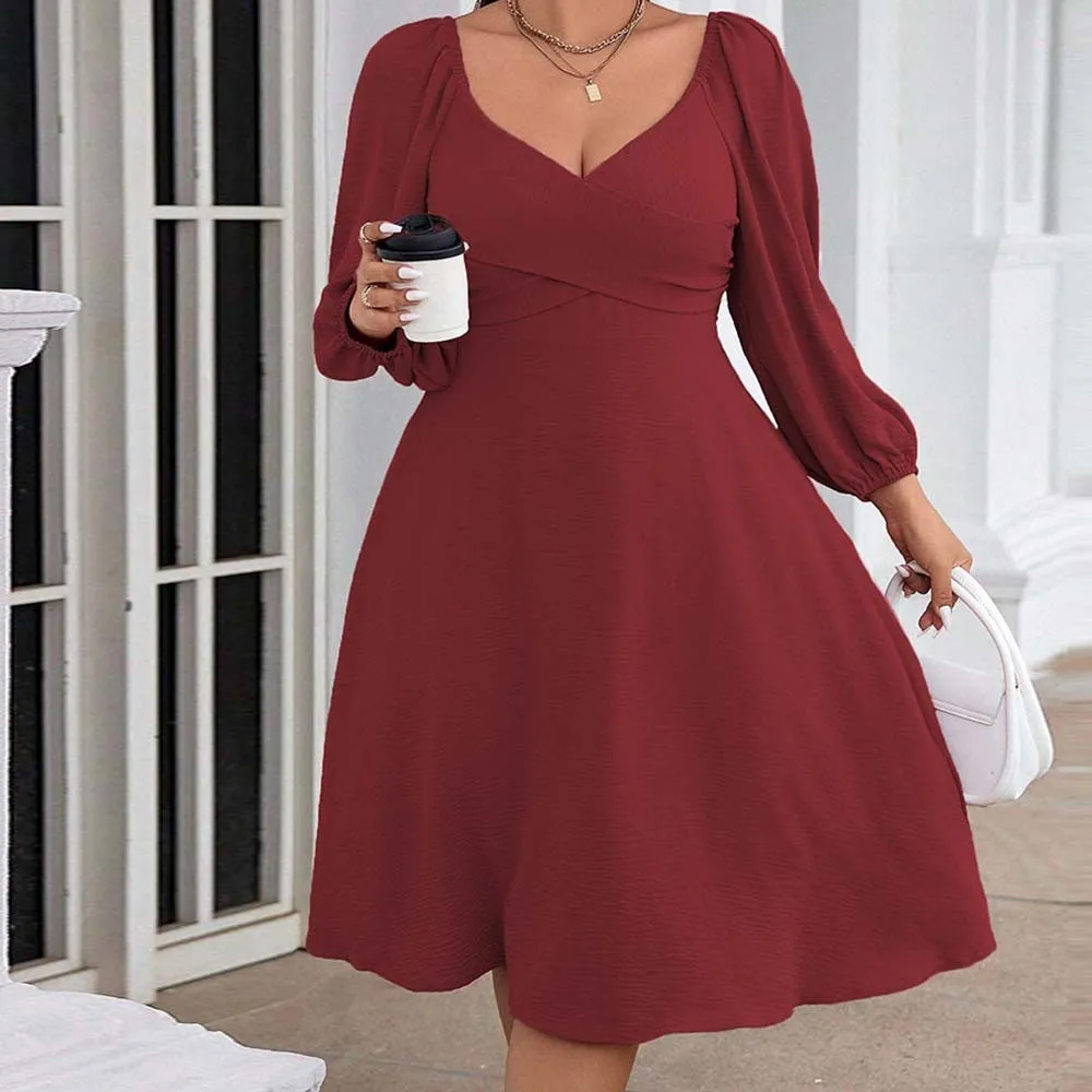 2025 International Station Plus Size Odzież damska Elegancki styl Czerwona sukienka Jesień i zima Dekolt w szpic Długi rękaw Średnia długość