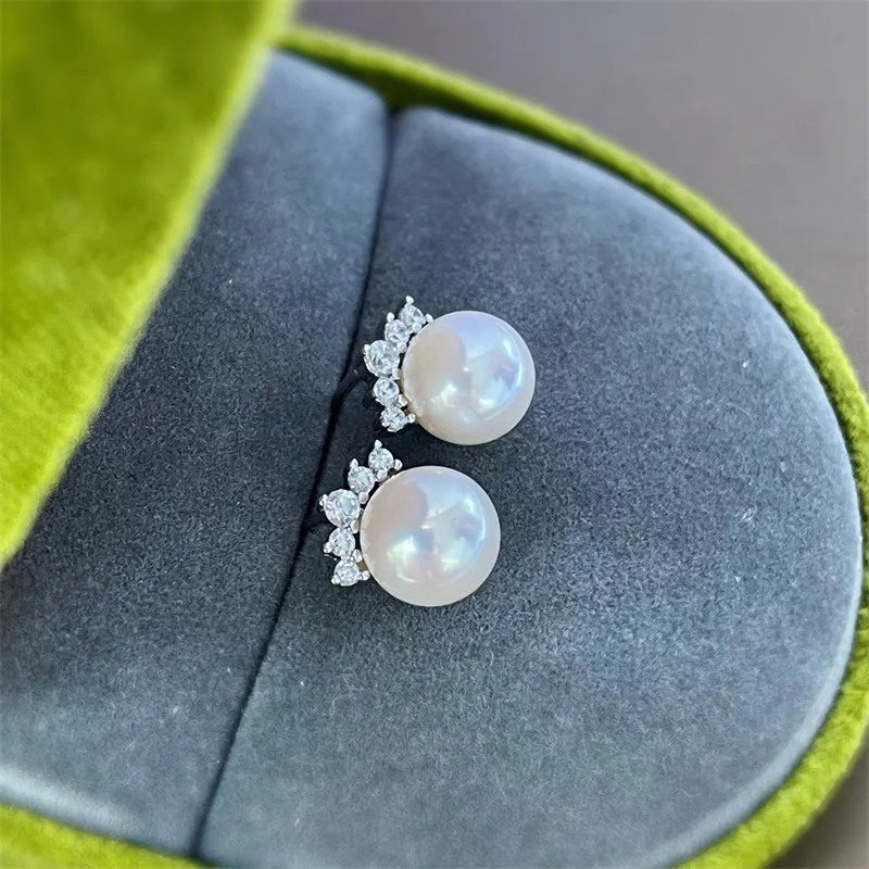Classic Charm 925 Sterling Silver Tiny Zircon Crown Round Pearls Stud Earrings for Women Girls Korean Jewelry Accessories Gifts