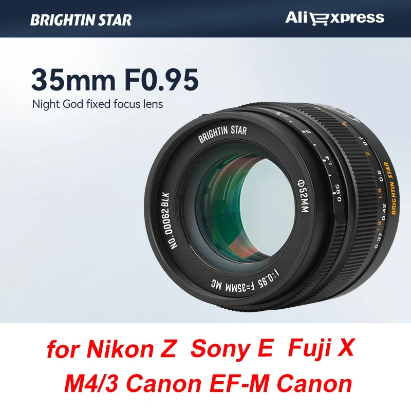 Bright Star 35mm F0.95 APS-C Manual Focus Mirrorless Camera Lens Fits Ni Kon Z so Ny E Fujifilm Fuji X Can on EF-M M4/3