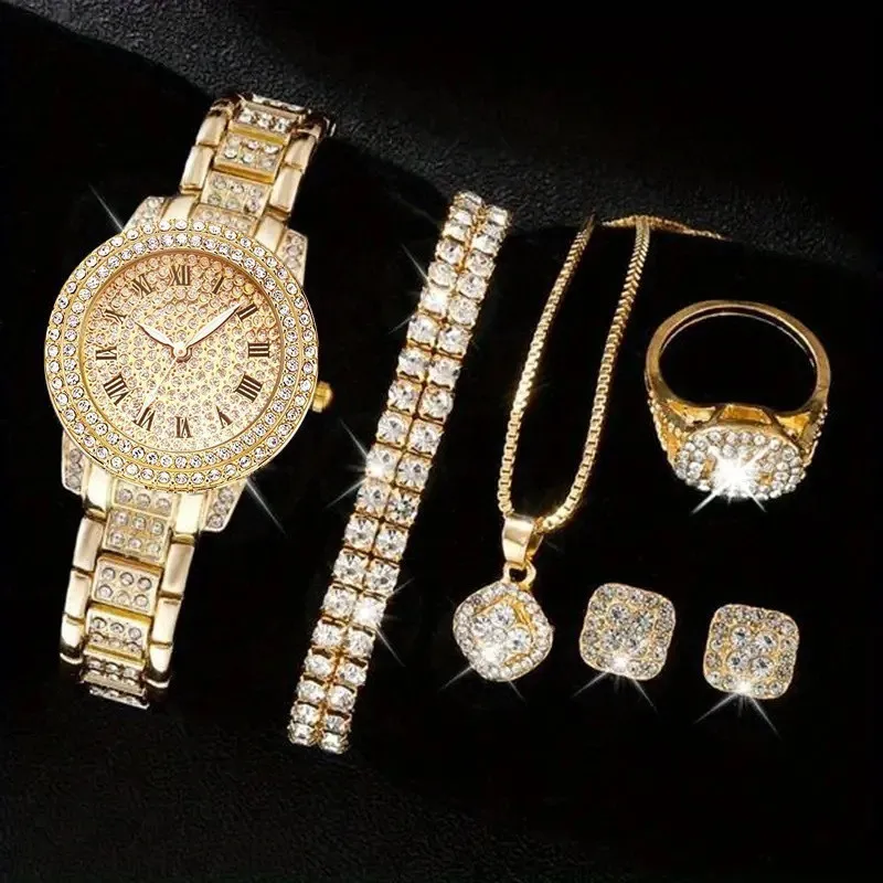 

5Pcs set quartz women's watch, crystal trim, luxury design. The matching bracelet belt is more perfect.