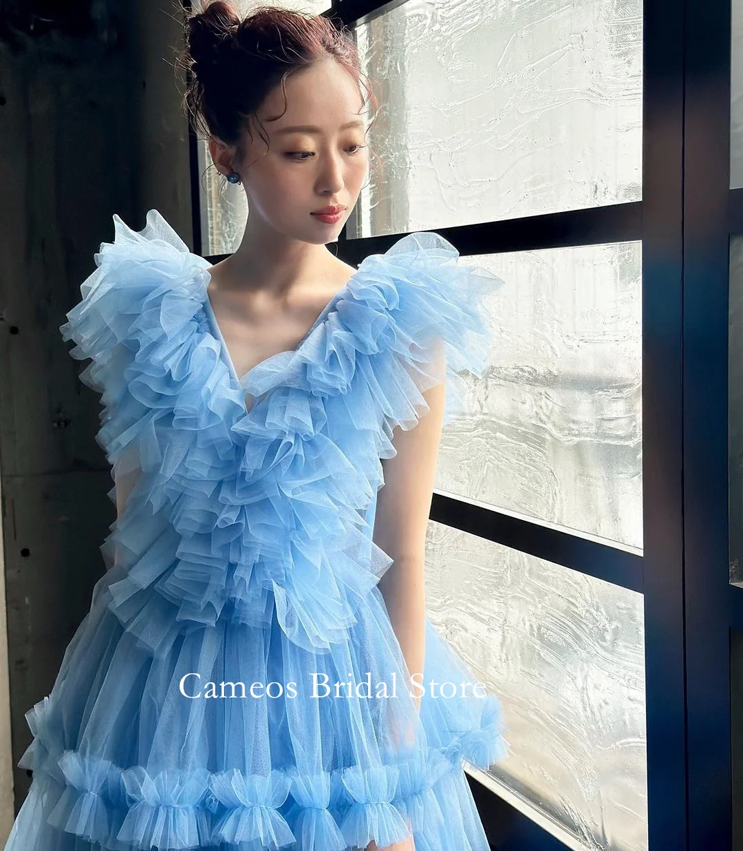 SONDR Layered Korea V-Neck Evening Dress Made Formal Prom Dress Customized Blue Backless 웨딩드레스 Occasion Party Evening Gown